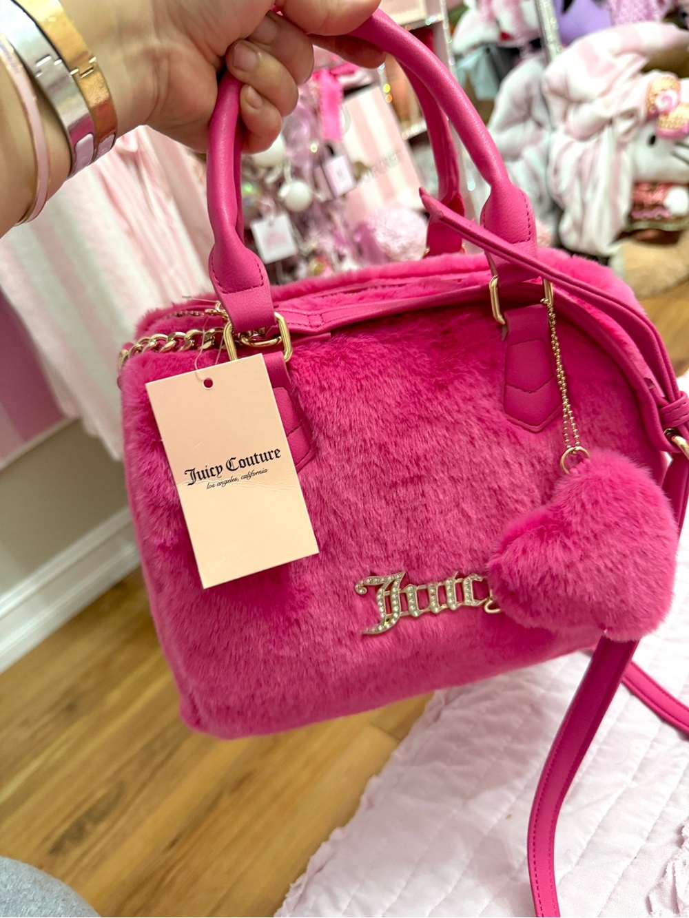 Juicy Couture Hot Pink Plush Satchel with Pom-Pom Charm